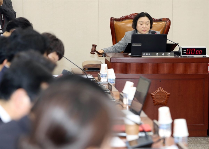 28일 오후 국회에서 열린 행정안전위원회 전체회의에서 인재근 위원장이 회의를 주재하고 있다. 연합뉴스