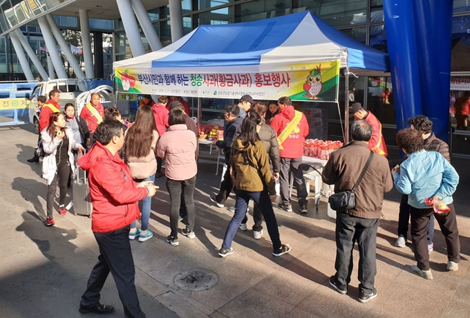 27일 청송사과 홍보행사가 부산시민들의 눈길을 끌고 있다. 청송군 제공.