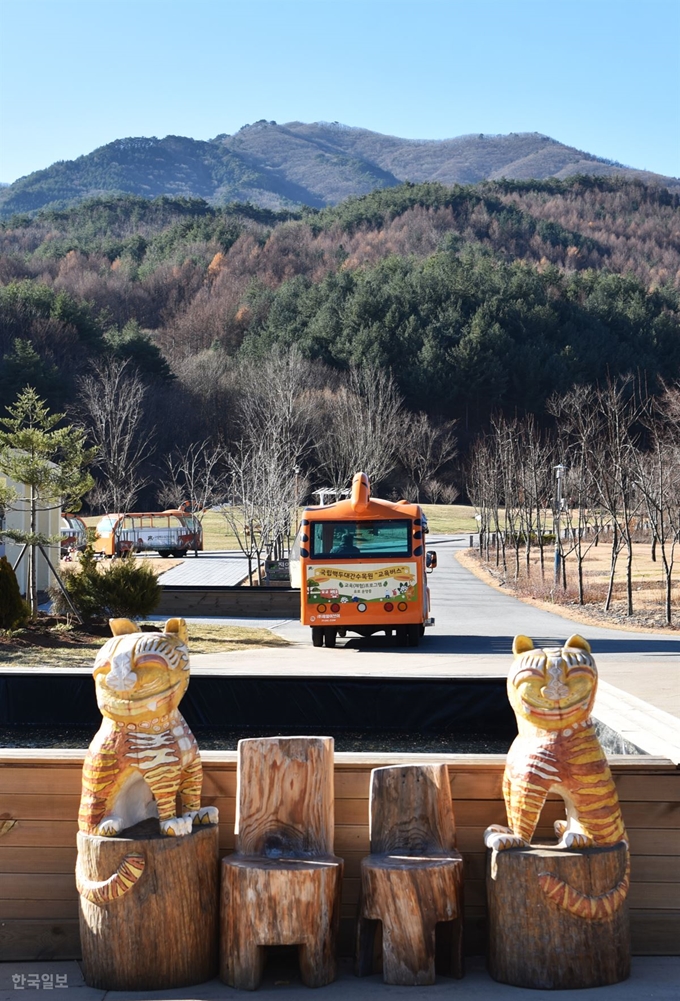 문수산 자락 백두대간수목원. 호랑이숲까지는 전기트램을 타고 이동해 중간에서 걸어 간다.