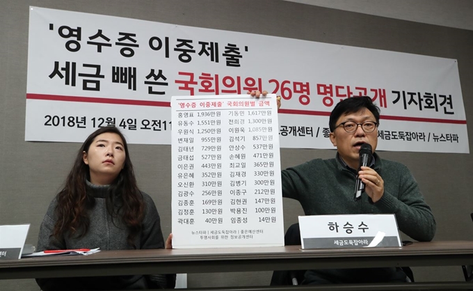 투명사회를위한정보공개센터와 좋은예산센터, 세금도둑잡아라, 뉴스타파 관계자들이 4일 서울 중구 성공회빌딩에서 '영수증 이중제출' 국회의원 26명의 명단을 공개하는 기자회견을 하고 있다. 연합뉴스