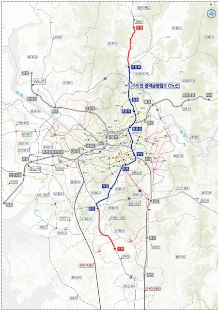 경기 수원과 양주를 잇는 수도권 광역급행철도(GTX) C노선도. 국토부 제공