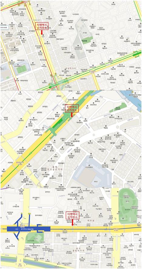 서울시가 특별 지정한 T맵택시 승차대 강남역 CGV앞(위에서부터), 홍대입구 8번출구 앞, 종각역 YMCA앞. SK텔레콤 제공