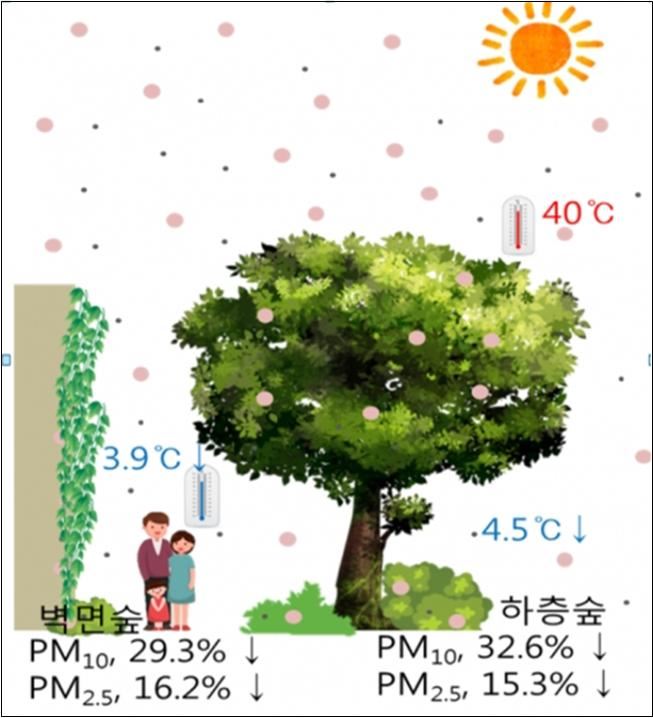 미세먼지 차감, 도시열섬 완화 입체숲 효과(국립산림과학원).