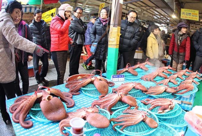 [저작권 한국일보]경북 동해안 최대 전통시장인 포항 죽도시장을 찾은 관광객들이 포항지역 특산물인 문어를 보고 있다. 한국일보 자료사진