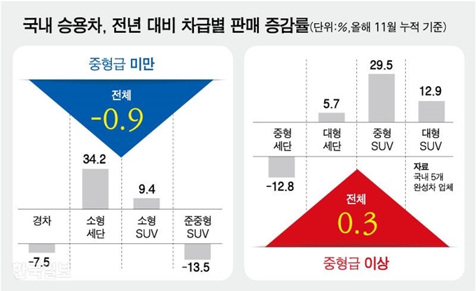 국내 승용차, 전년 대비 차급별 판매 증감률. 그래픽=강준구 기자