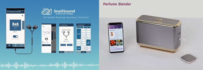 스마트폰을 보청기처럼 활용하는 난청 환자 청력보조 솔루션 '스네일사운드'(왼쪽)와 개인 맞춤형 향수 제조 솔루션 '퍼퓸블렌더'. 삼성전자 제공