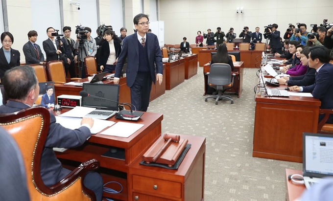 27 일 오후 국회 교육위원회 전체회의에서 이찬열 교육위원장이 '유치원 3법'(유아교육법·사립학교법·학교급식법 개정안)을 신속처리(패스트트랙) 안건으로 처리하려 하자 자유한국당 의원들이 반발하며 회의장을 떠나고 있다. 연합뉴스