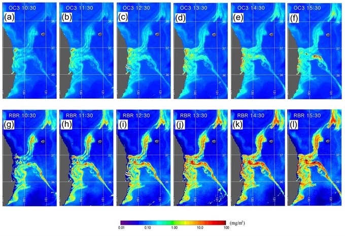 기존 OC3 표준 알고리즘을 적용한 2013년 8월 13일 시간별 GOCI 엽록소a 농도 이미지(a-f)(위)와 새로 개발된 RBR 알고리즘을 적용한 시간별 GOCI 엽록소a 농도 이미지(g-i)(빨간색으로 표시된 지역이 적조 확산 지역).