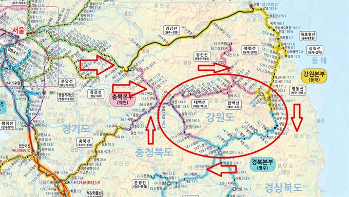 환상선 눈꽃순환열차 노선도. 태백선과 영동선을 한 바퀴를 돌기 때문에 환상선이라 부른다.