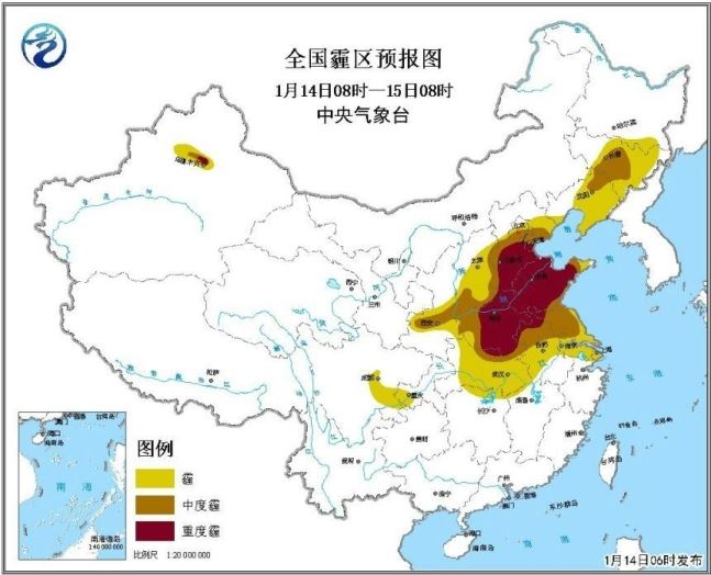 중국 기상국이 14일 발표한 스모그 현황도. 갈색 부분은 AQI 200 이상, 짙은 갈색은 AQI 250 이상을 나타낸다.