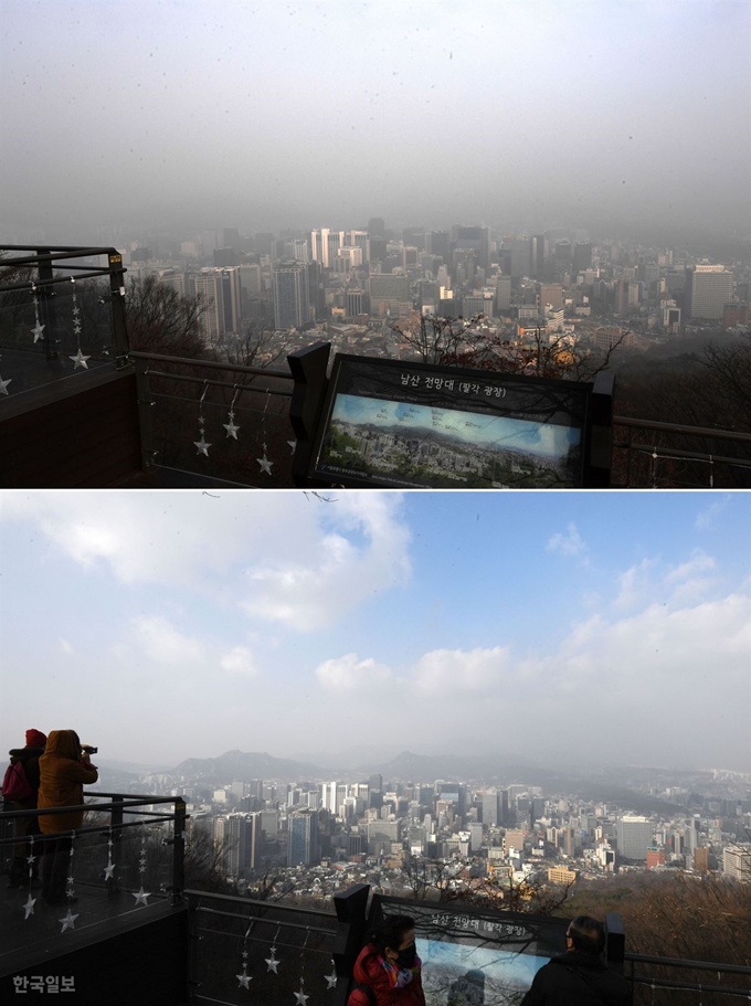 [저작권 한국일보] 미세먼지 스케치사흘 연속 미세먼지 비상저감조치가 시행된 15일 오전 서울 남산 전망대에서 바라본 서울 시내가 뿌옇게 보인다. 홍인기 기자