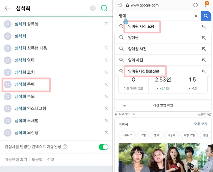 네이버 검색창에 '심석희 선수'의 이름을 검색하면 '몸매'가 자동완성된다. 구글 검색창에 '양예원'을 입력하면 '양예원 사진모음', '양예원 사진 못보신 분'등이 함께 검색된다. 각 웹사이트 캡쳐