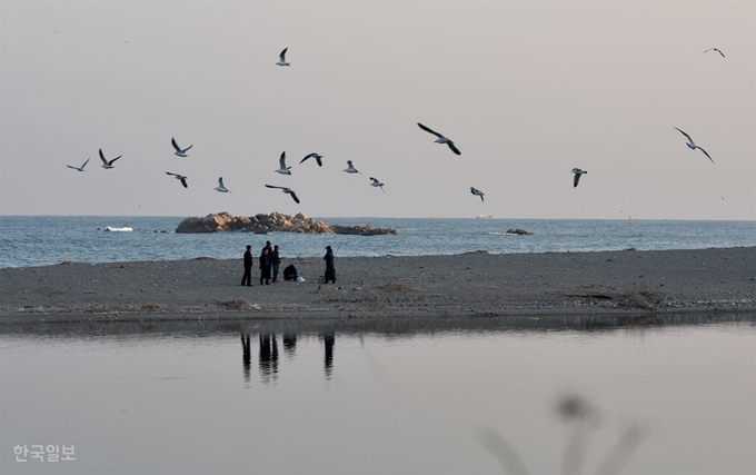 대종천(아래)이 바다와 만나는 경주 감포읍과 양북면 사이 동해구. 바다의 암석이 문무대왕 수증 능이다.