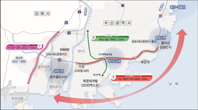 29일 정부 예비 타당성 조사 면제 대상 사업으로 선정된 부산신항 제1배후도로 우회국도 건설사업 등의 표시된 지도. 부산시 제공