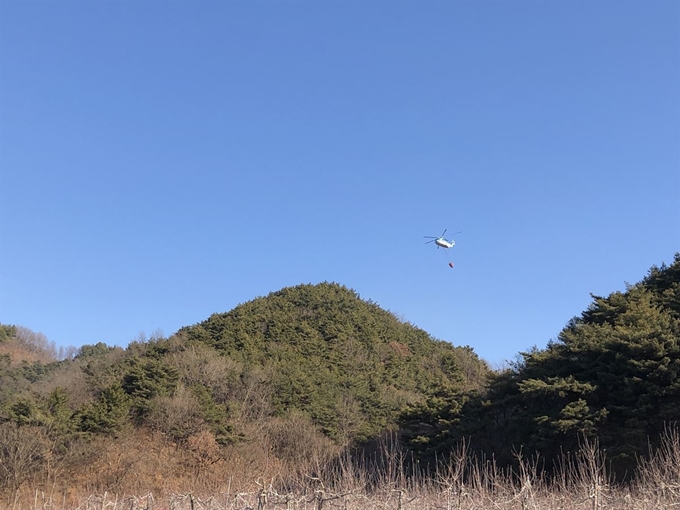 경북 영덕군 남정면 봉전리 산1번지 야산 정상 부근에서 산불 불씨가 되살아나자 헬기가 불을 끄고 있다. 영덕군 제공