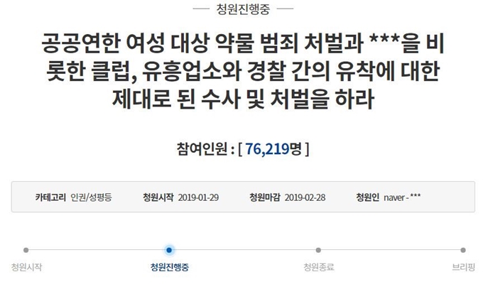 여성 대상 약물 및 성범죄 처벌 강화를 요청하고 유흥업소와 경찰이 유착관계인지 수사해달라는 국민청원이 29일 시작돼 하루 만에 7만명 이상의 동의를 받았다. 청와대 국민청원 홈페이지 캡처