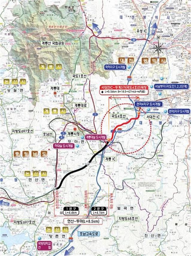 서대전IC~두마3가 도로확장 위치도.