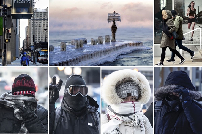 미 중북부•오대호에 북극 소용돌이(polar vortex) 남하로 인해 유례없는 한파가 닥쳐 남극보다 낮은 최저 영하 48도 기온이 측정되어 대부분 학교가 휴교에 들어가고 우편, 항공, 철도 등 공공 서비스도 차질을 빚고 있으며 중북부 지역에서만 7명이 사망하는 등 인명 피해도 속출하고 있다. 사진 윗줄 부터 30일(현지시간) 미 일리노이주 시카고의 거리에 세워진 전광판이 영하 28도를 표시하고 있고, 39번가 하버 미시간호의 등대가 얼음에 뒤덮여 있다. 미 미주리주 세인트 루이스의 로커스트 스트리트에서 중무장을 한 시민들이 한 건강관리 사무실 앞에 부착된 광고 앞을 지나가고 있다. 이른 아침 시카고에서는 모자와 장갑, 목도리, 스키 고글 등을 이용해 두꺼운 옷차림을 한 시민들이 출근을 서두르고 있다.AP,EPA 연합뉴스