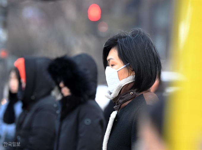 추위와 함께 초미세먼지 주의보가 찾아온 7일 오전 서울 광화문사거리에서 시민들이 마스크를 쓴 채 횡단보도 신호를 기다리고 있다. 홍인기 기자