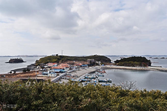 동바리 조망대에서 보는 죽도 포구와 마을 풍경.