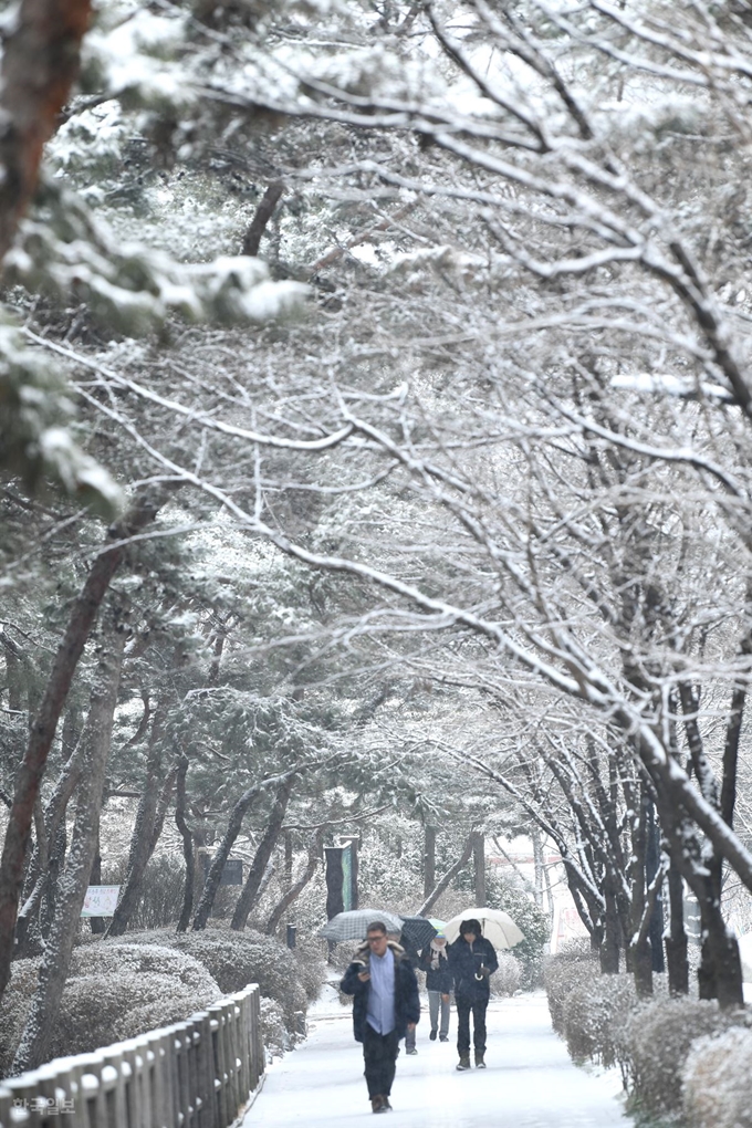 중부지방을 중심으로 강원 영서 등 전국 곳곳에 눈이 내린 15일 오전 시민들이 서울 남산 산책로를 걷고 있다. 배우한 기자