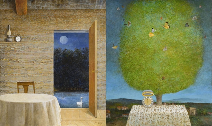 황규백 작가의 작품 '달과 백조(Moon and Swan)'와 '나무와 나비들(A Tree and butterflies)'. 가나아트 제공