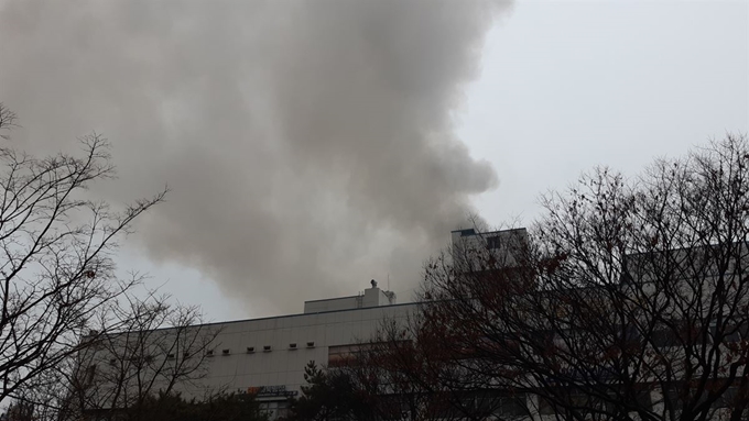 19일 오전 대구 도심 한 사우나에서 불이 나 하늘 위로 연기가 피어오르고 있다. 이 불로 2명이 숨지고 다수가 중경상을 입었다. 독자 촬영 제공=연합뉴스