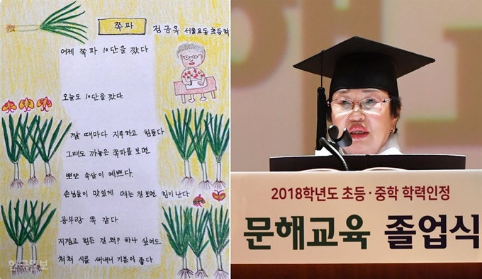 1일 오후 서울 서초구 방배동 서울시교육청 교육연수원에서 열린 2018학년도 문해교육 졸업식에 정금옥 졸업생이 자작시를 낭송을 하고 있다. 홍인기 기자