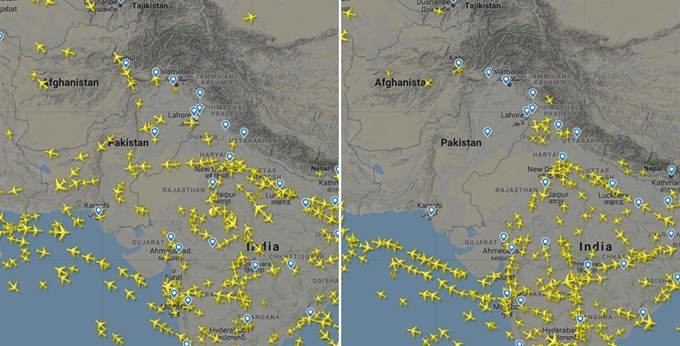 파키스탄의 영공 폐쇄 조치 발표 전과 후의 모습. 왼쪽은 한국 시간으로 27일 오후 3시, 오른쪽은 28일 오후 3시로 영공 폐쇄 조치가 내려지자 노란색으로 표시된 비행기들이 파키스탄 상공을 피해가고 있는는 것을 확인할 수 있다. 플라이트레이더24닷컴 캡처