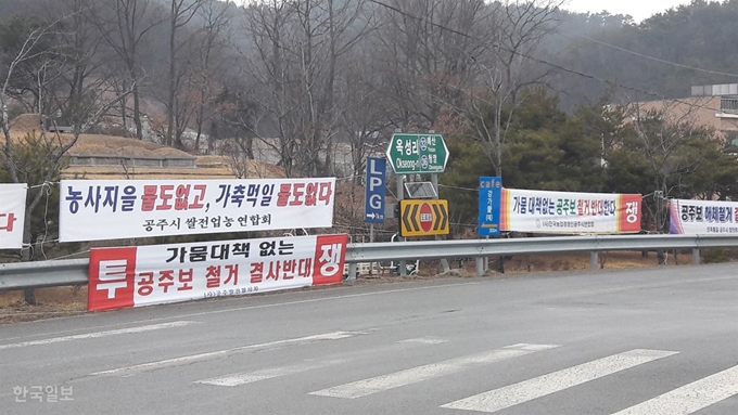 [저작권 한국일보]공주보 주변 도로 가드레일에 4대강 조사위원회가 발표한 보 부분 철거 방안을 반대하는 현수막이 줄지어 걸려 있다. 최두선 기자.