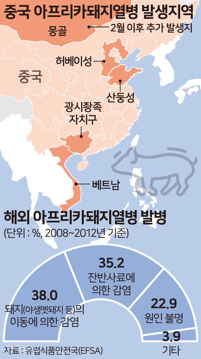 [저작권 한국일보] 중국 아프리카 돼지 열병 발생지역. 송정근 기자