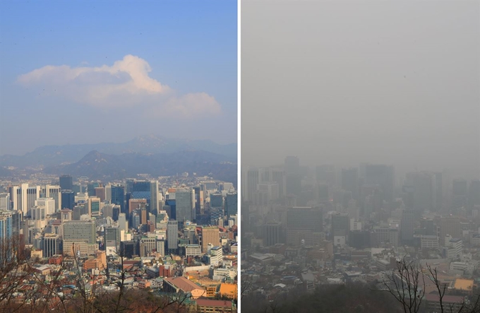 7일 오전 서울 중구 남산에서 바라본 서울 도심 일대 하늘이 미세먼지가 걷히며 푸른빛을 띄고 있다.(사진 왼쪽) 전날 오후 바라본 서울 도심의 잿빛 하늘(사진 오른쪽)과 대조를 보이고 있다. 연합뉴스