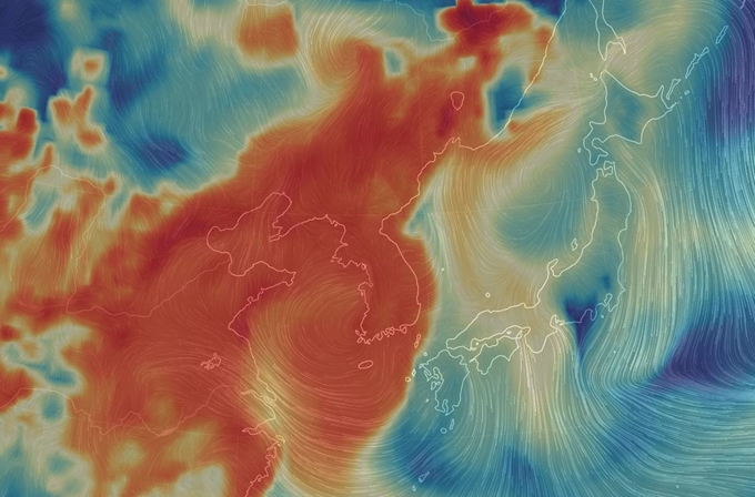 지난 5일 국제기상정보사이트 ‘어스널스쿨’(earth.nullschool.net)로 본 미세먼지. 중국, 한국은 시뻘겋지만 일본은 파랗다. 어스널스쿨 제공