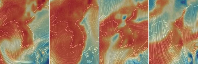 세계 기상 정보를 시각화해 나타내는 비주얼 맵인 어스널스쿨로 확인한 지난 4(왼쪽부터)~7일까지 한반도의 초미세먼지 대기 상황. 어스널스쿨 홈페이지 캡처