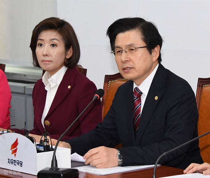 황교안 자유한국당 대표가 7일 국회에서 열린 최고위원회에서 발언하고 있다. 오대근 기자