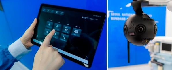 통합 컨트롤 패널을 조작하고 있는 모습(왼쪽)·스마트수술실에 배치된 8K VR 카메라. 분당서울대병원 제공