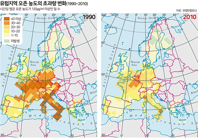 [저작권 한국일보] 유럽지역 오존농도의 초과량 변화. 송정근기자