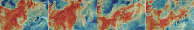 세계 기상 정보를 시각화해 나타내는 비주얼 맵인 어스널스쿨로 확인한 지난 4일(왼쪽부터)~7일까지 한반도의 초미세먼지 대기 상황. 어스널스쿨 홈페이지 캡처