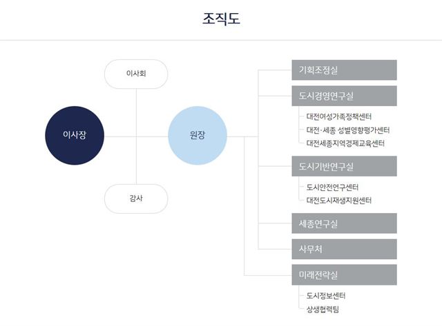 대전세종연구원 조직도. 이 가운데 세종연구실은 오는 8월 세종시로 사무실을 이전해 독자적인 역할을 수행하게 된다. 대전세종연구원 홈페이지 발췌.