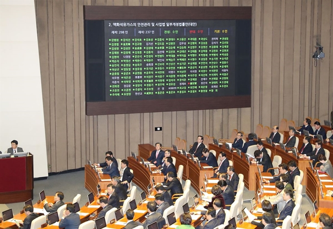 13일 오전 국회 본회의에서 액화석유가스의 안전관리 및 사업법 일부개정법률안이 통과되며 본회의장 상황판에 투표 현황이 나타나고 있다. 연합뉴스