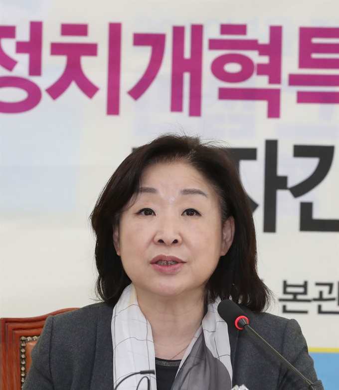 심상정 국회 정치개혁특별위원회 위원장이 18일 오후 국회 정의당 회의실에서 여야 선거제 단일안 관련 기자간담회를 하고 있다. 연합뉴스