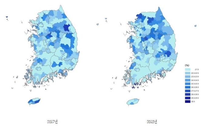 시군구별 성인 남성 현재 흡연율 현황. 질병관리본부