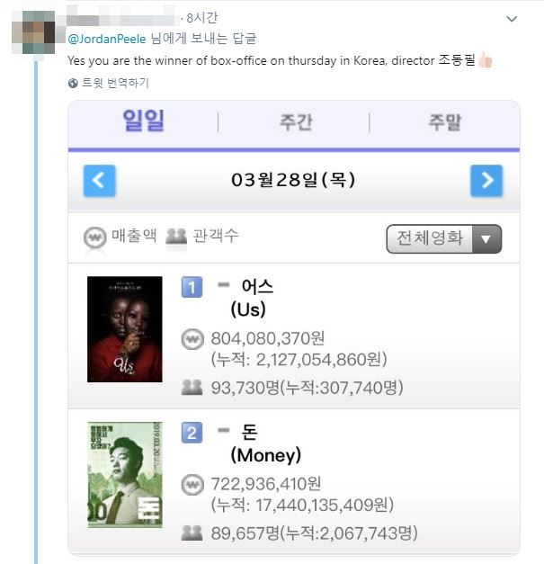 국내 박스 오피스 캡처해 답글 단 트위터 이용자