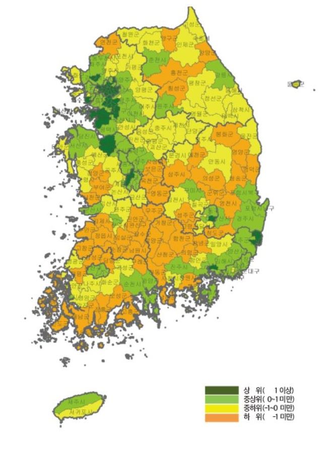 2015년 시군구별 일자리 질 지수 분포. 한국고용정보원 제공