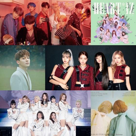 방탄소년단, 아이즈원, 첸, 블랙핑크, 트와이스, 볼빨간사춘기(윗줄부터 왼쪽-오른쪽 순)가 이달 컴백한다. 빅히트, 오프더레코드, SM, YG, JYP, 쇼파르뮤직 제공