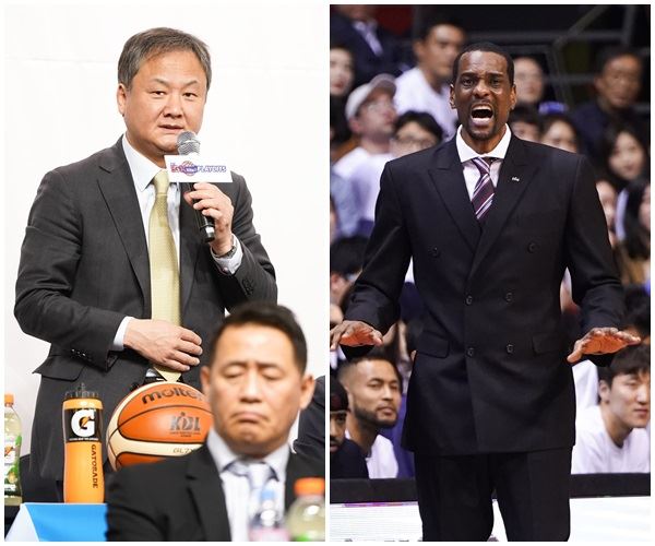 유재학(왼쪽) 현대모비스 감독과 스테이시 오그먼 KCC 감독. KBL 제공