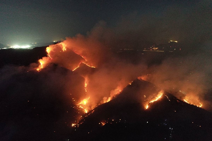 2일 오후 3시18분 부산 해운대구 반송동 운봉산에서 불이 나 현재까지 임야 약 5ha를 태우고 기장군 철마면 방향으로 진행 중이다. 불이 번지면서 인근 요양병원 환자, 장애인복지시설 관계자, 중학교 교직원 등 170여명이 대피했고 소방대원, 경찰, 군부대, 구청관계자, 산림청 공무원 등 1690여명이 동원돼 진화작업을 벌이고 있다. 부산소방재난본부와 남부지방산림청 등은 새벽 날이 밝는 대로 헬기를 집중투입해 오전 중으로 산불 진화작업을 마칠 계획이다. 사진은 이날 오후 11시30분쯤 불길이 잡히지 않고 있는 운봉산 현장.남부지방산림청 제공=뉴스1