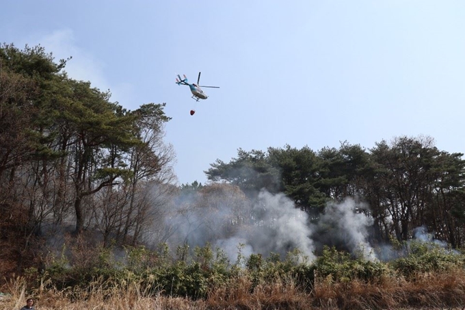 3일 오전 산불 진화 작업을 펼치고 있는 소방 헬기. 부산소방재난본부 제공