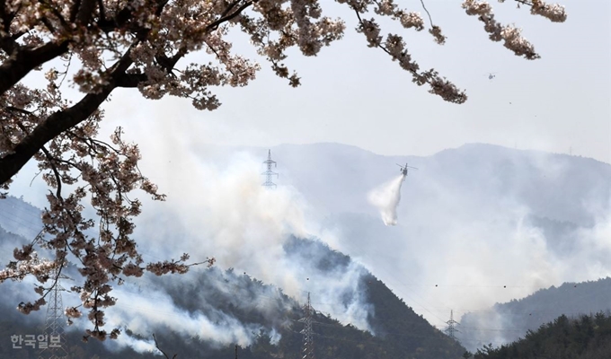 5일 오후 강릉 옥계면 일대 야산에 산불이 옮겨 붙어 소방헬기들이 진화작업을 벌이고 있다. 강릉=서재훈 기자 spring@hankookilbo.com