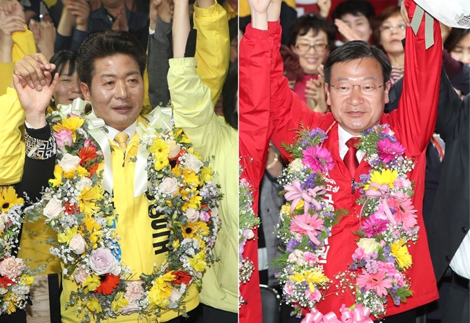 4ㆍ3 국회의원 보궐선거 경남 창원성산에 출마한 여영국 정의당 후보가 창원시 성산구 선거사무소에서 막판 역전에 성공하자 꽃목걸이를 목에 걸고 환호하고 있다.(왼쪽사진) 4ㆍ3 국회의원 보궐선거 경남 통영ㆍ고성에 출마한 정점식 자유한국당 후보가 통영시 선거사무소에서 당선이 확정되자 환호하고 있다. 창원=전혜원 기자 통영=연합뉴스